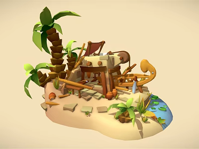 Cartoon Island Scene with Palm Trees Wooden Furniture Seashells and Small Stream 3d model
