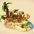 Cartoon Island Scene with Palm Trees Wooden Furniture Seashells and Small Stream