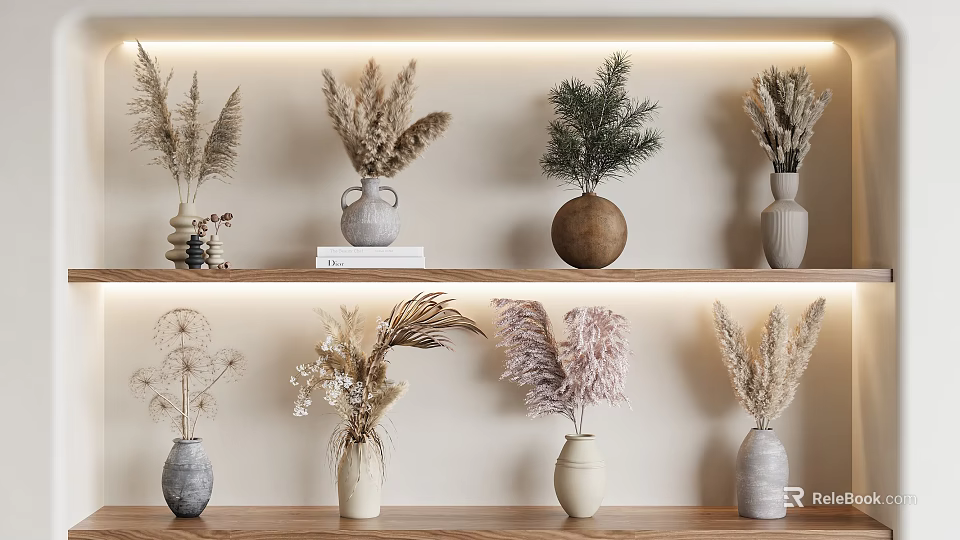 Elegant Vase Flowers Display With Dried Pampas Grass On Wooden Shelves And Warm Lighting 3d model 