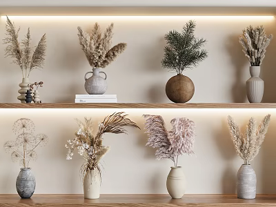 Elegant Vase Flowers Display With Dried Pampas Grass On Wooden Shelves And Warm Lighting 3d model