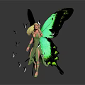 Green butterflies with large vibrant wings and small butterflies flying around shiny surface