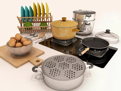 Practical Kitchen Cookware Collection With Colorful Bowls Yellow Pot Stainless Steel Steamer And Frying Pan 3d model