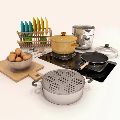 Practical Kitchen Cookware Collection With Colorful Bowls Yellow Pot Stainless Steel Steamer And Frying Pan 3d model