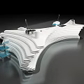 Modern White Curved Display Shelves With Layered Structure And Blue Accent Tables