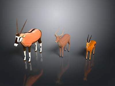 Low Poly Style 3D Antelope Models In Various Colors With Grey Background Reflections 3d model