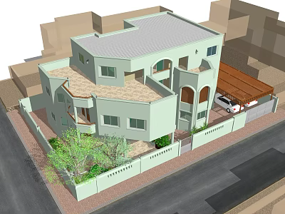 Two Story Detached Villa With Light Green Exterior Balcony Fence And Green Plants 3d model