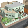Two Story Detached Villa With Light Green Exterior Balcony Fence And Green Plants