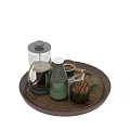 Fresh French Press Coffee with Green Juice Cinnamon Sticks and Mint on Wooden Tray