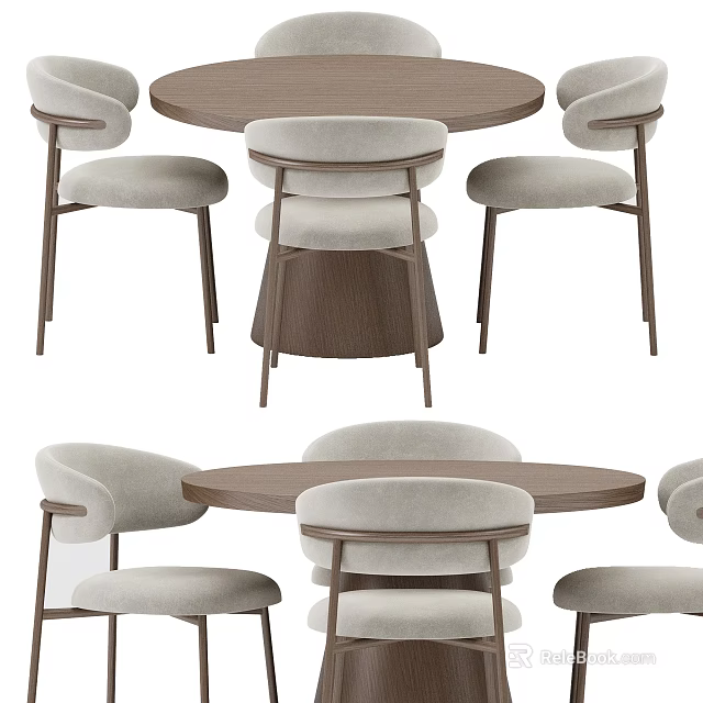 Modern Round Dining Table Set With Beige Upholstered Chairs And Wooden Frame 3d model 