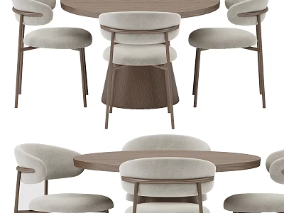 Modern Round Dining Table Set With Beige Upholstered Chairs And Wooden Frame 3d model