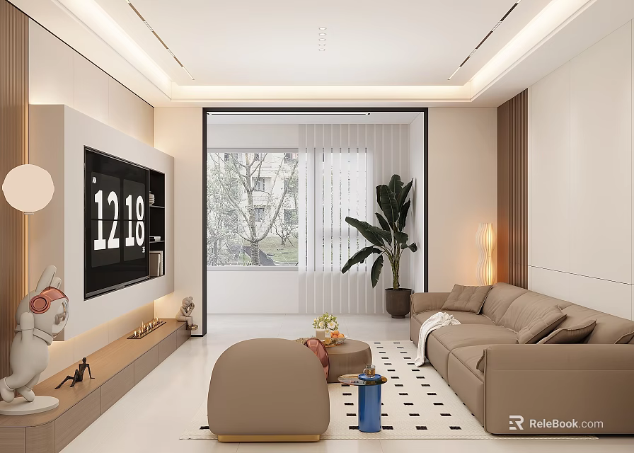 Modern Living Room Interior With Beige Sofa Large TV Plant And Minimalist Decor 3d model 