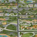 Various Park Landscape Layouts with Paths Green Areas Ponds and Scenic Features