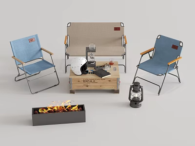 Foldable Outdoor Chairs Blue Beige With Wooden Crate Table Fire Pit Coffee Gear 3d model