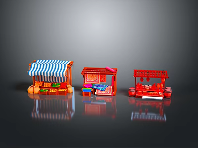 Colorful Traditional Food Market Stalls With Striped Awning And Red Structures 3d model