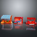 Colorful Traditional Food Market Stalls With Striped Awning And Red Structures
