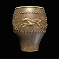 Brown Clay Vase With Relief Carvings Of Running Deer And Plants