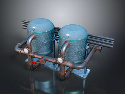 Industrial Equipment With Two Blue Mesh Covered Cylindrical Tanks And Metal Pipes 3d model