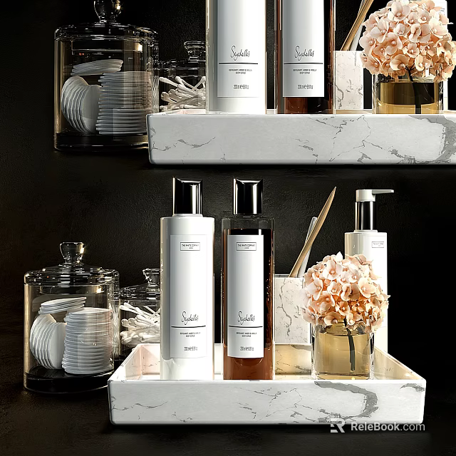 Luxury Bathroom Toiletries With Liquid Soap Bottles And Cotton Pads 3d model 