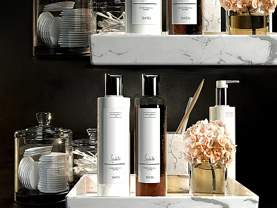 Luxury Bathroom Toiletries With Liquid Soap Bottles And Cotton Pads 3d model