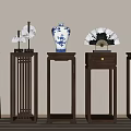 Chinese Style Wooden Flower Stands Featuring Porcelain Vase Fan Bonsai And Decorative Ornaments