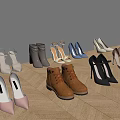 Various Women's Shoes High Heels Ankle Boots And Flats In Beige Silver Brown On Wooden Floor