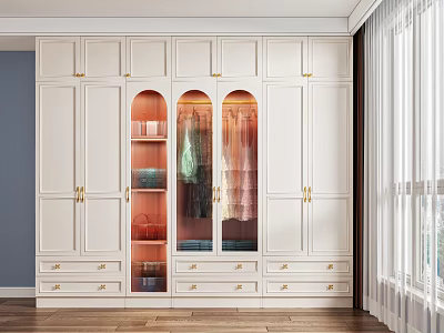 Elegant White Modern Wardrobe With Gold Handles Glass Doors And Storage Drawers 3d model