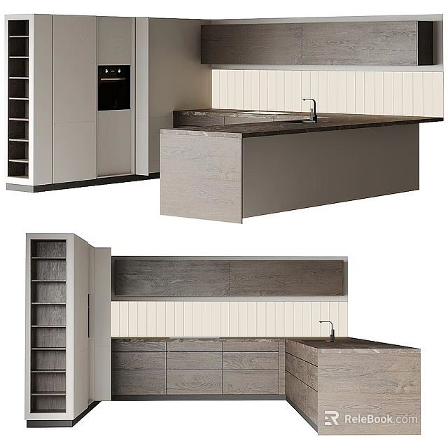 Modern Kitchen Interior With Light Wood Island Counter Cabinets And Striped Wall Panels 3d model 