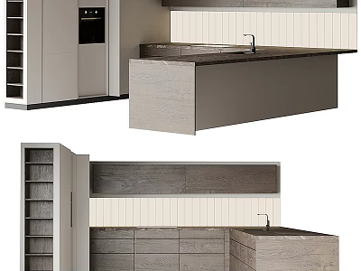 Modern Kitchen Interior With Light Wood Island Counter Cabinets And Striped Wall Panels 3d model