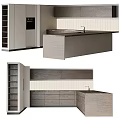 Modern Kitchen Interior With Light Wood Island Counter Cabinets And Striped Wall Panels