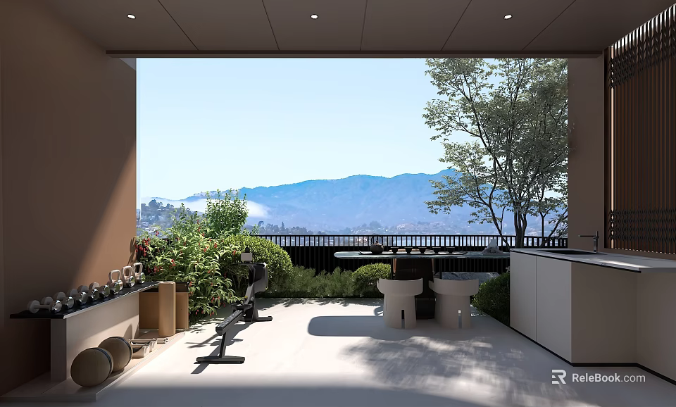 Modern Home Balcony With Green Plants Outdoor Seating And Mountain View 3d model 