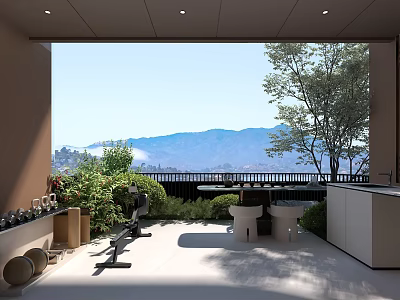 Modern Home Balcony With Green Plants Outdoor Seating And Mountain View 3d model