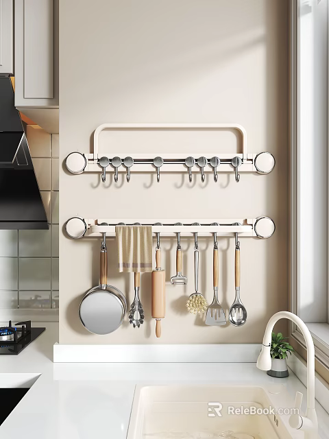 Wall Mounted Kitchen Utensils Rack With Hanging Spatula Ladle Rolling Pin And Strainer 3d model 