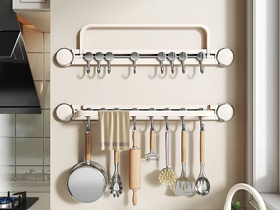 Wall Mounted Kitchen Utensils Rack With Hanging Spatula Ladle Rolling Pin And Strainer 3d model
