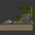 Cartoon Scene Featuring Houses Trees Vehicles Dock And Water Platform