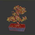 Green Leaf Bonsai Plant with Curved Trunk in Blue Square Ceramic Pot on Dark Background