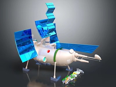 Space Satellite With Blue Solar Panels White Main Body And Green Accent Detector 3d model