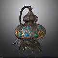 Traditional Mosaic Lantern With Colorful Glass Panels And Intricate Metal Base
