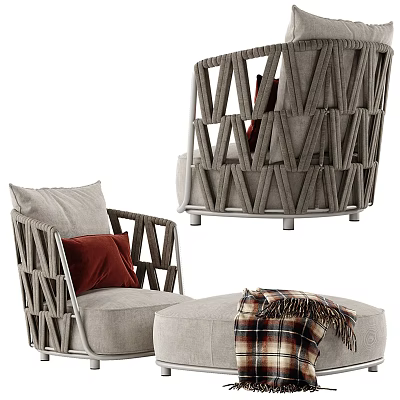 Stylish Leisure Chair With Woven Design Gray Fabric Red Cushion And Plaid Blanket Ottoman 3d model