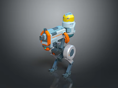 Futuristic Robot Game Character With Yellow Head Blue Orange Body Mechanical Legs And Circular Components 3d model
