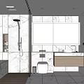 Modern Bathroom With Marble Walls Large Backlit Mirror Shower Area And Wall Mounted Vanity