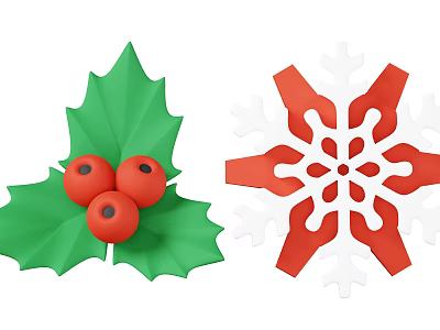 Festive Decorative Ornament Set with Green Holly Leaf Red Berries and Red Snowflake 3d model