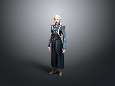 Woman With White Long Hair In Dark Fitted Dress Standing Against Gray Background 3d model