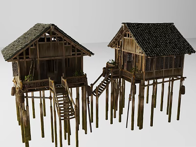 Traditional Wooden Stilt Houses Architecture With Thatched Roofs Wooden Stairs And Stilts 3d model