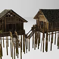 Traditional Wooden Stilt Houses Architecture With Thatched Roofs Wooden Stairs And Stilts