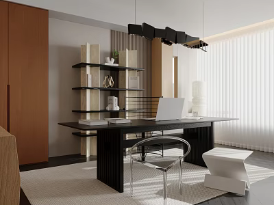 Modern Minimalist Study Room Interior With Open Shelves Desk Chair And Pendant Lights 3d model
