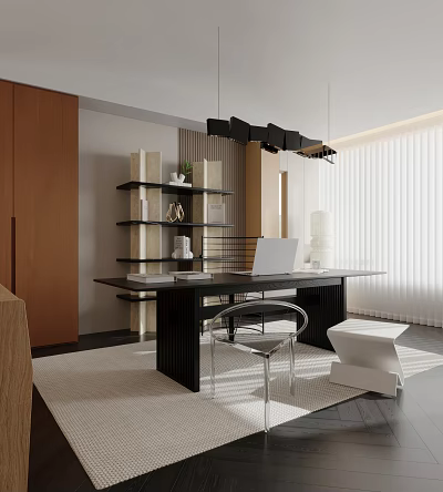 Modern Minimalist Study Room Interior With Open Shelves Desk Chair And Pendant Lights 3d model