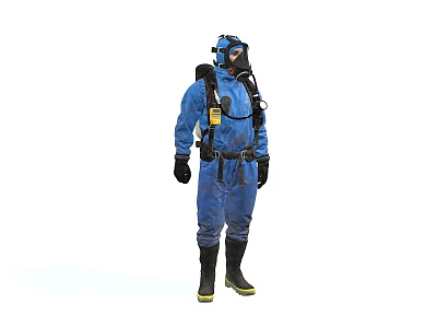 A Man Wearing Blue Protective Suit With Gas Mask Backpack Equipment Gloves And Boots 3d model