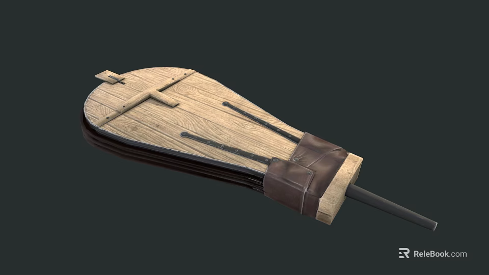 Ancient Wooden Shield With Cross Strips Leather Binding And Long Pole Handle 3d model 