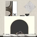 White Fireplace With Decorative Mirror Geometric Art And Wood Logs On Marble Base