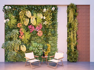 Lush Green Plant Wall with Large Leaves Pink Flowers and White Chairs in Indoor Space 3d model